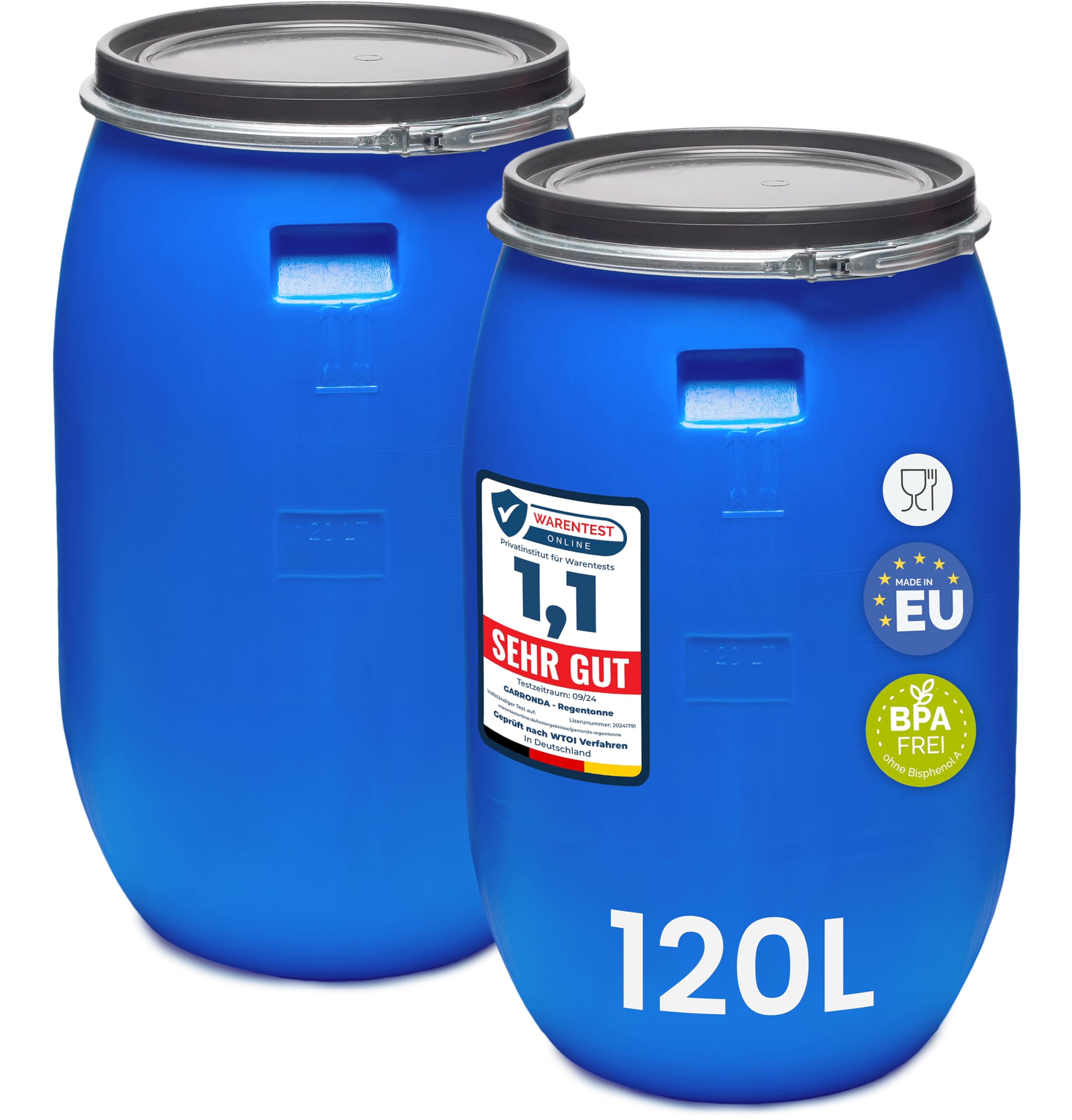 Garronda Set 2X 120 Liter Deckelfass Weithalsfass aus HDPE Regenfass für Garten Fass Regenwassertonne Futtertonne Universalfass Wasserfass Regentonne Lebensmittelfass Wassertank GD-0123, Blau