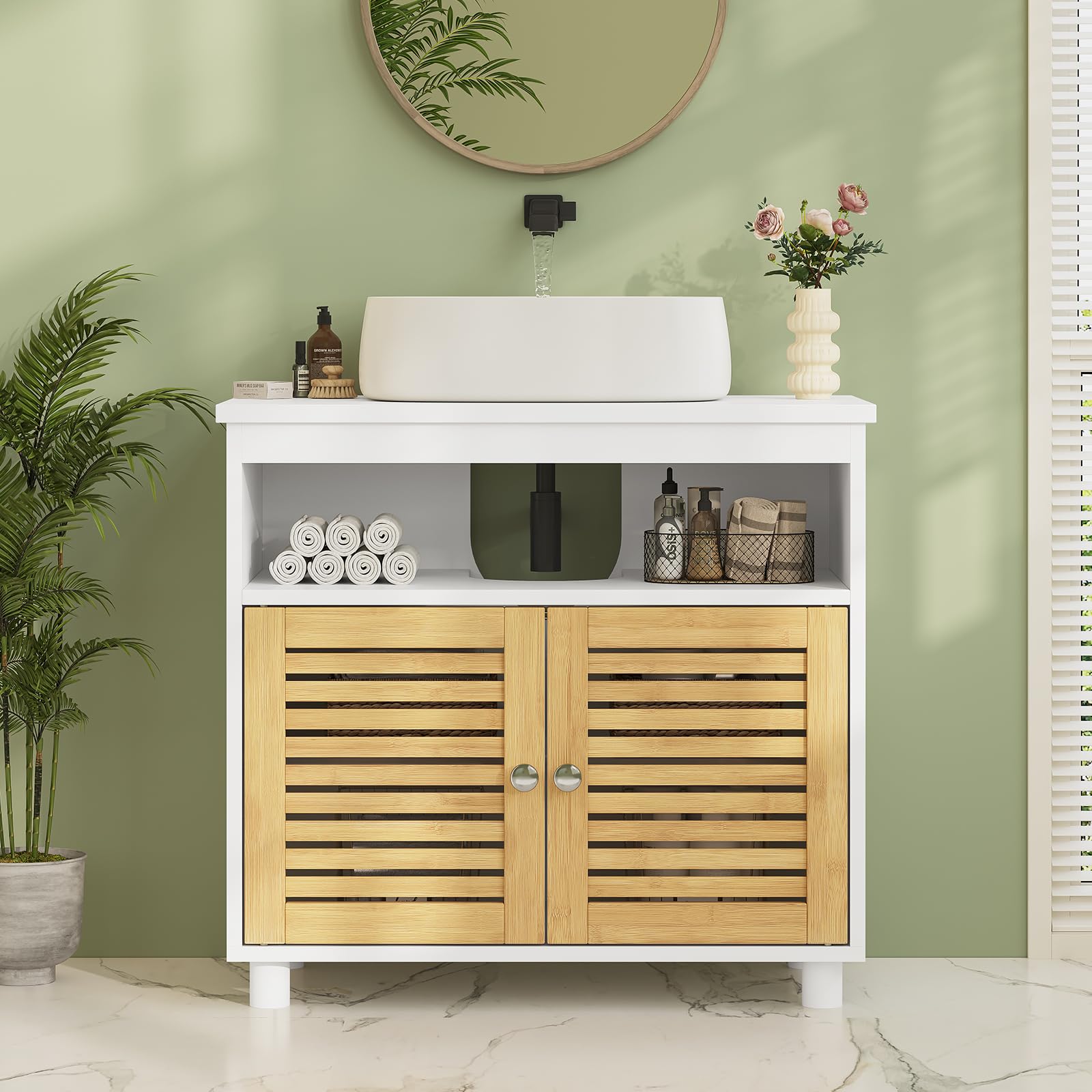 Waschbeckenunterschrank, Badschrank Unterschrank mit Doppeltüren aus Bambus, EIN offenes Fach, Badezimmerschrank, Waschtischunterschrank, 60 x 30 x 60 cm
