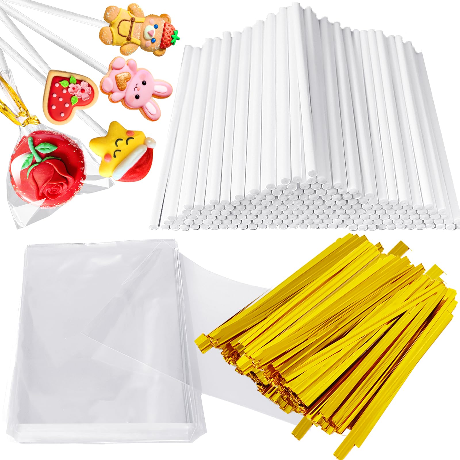 300 Pcs 6 Inch Lollipop Sticks Wrappers Kits,Cake Pop Stick with 100Pcs Gold Twist Ties,100pcs Sucker Treat bags for Chocolate Cookies Donut Packaging