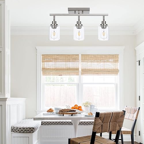 Miniatura 4 de MELUCEE Lámpara de tocador de baño de 3 luces de níquel cepillado para techo, lámparas de pared con cabezal giratorio para pasillo, porche,