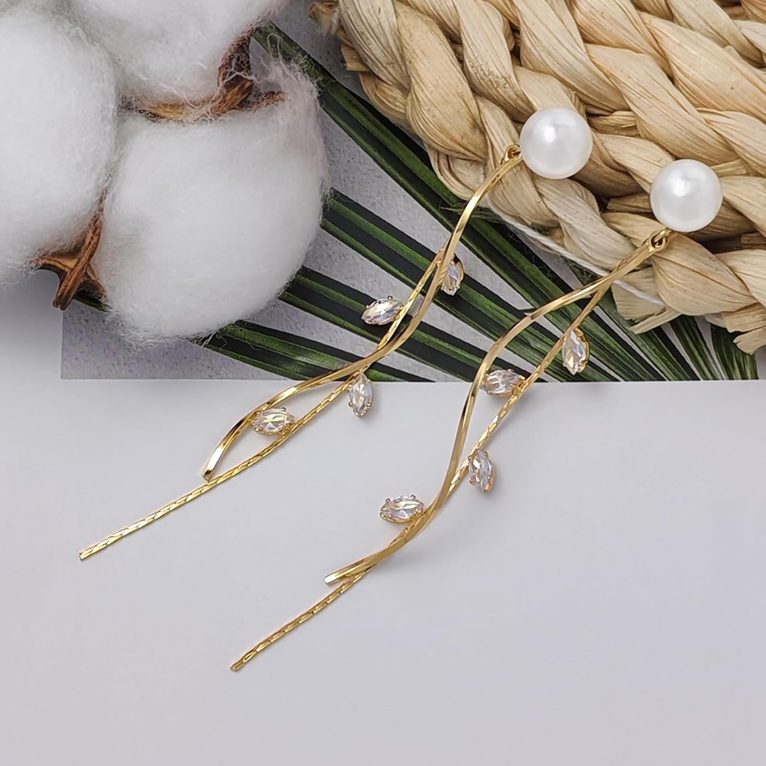 Pearl Dangle Earrings Zirconia Rhinestone Dangling Earrings for Women Pearl Wedding Bridal Earring for Brides Bridesmaids, Leaf Brides Earring Prom Party Jewelry Gifts - Image 7