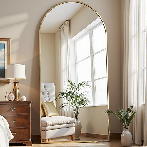 Dewfig 71"X26" Arched Full Length Mirror Free Standing Leaning or Wall-Mounted Mirror Aluminum Frame Modern Mirrors for Living Room Bedroom Cloakroom, Gold - 71"L x 26"W - Gold