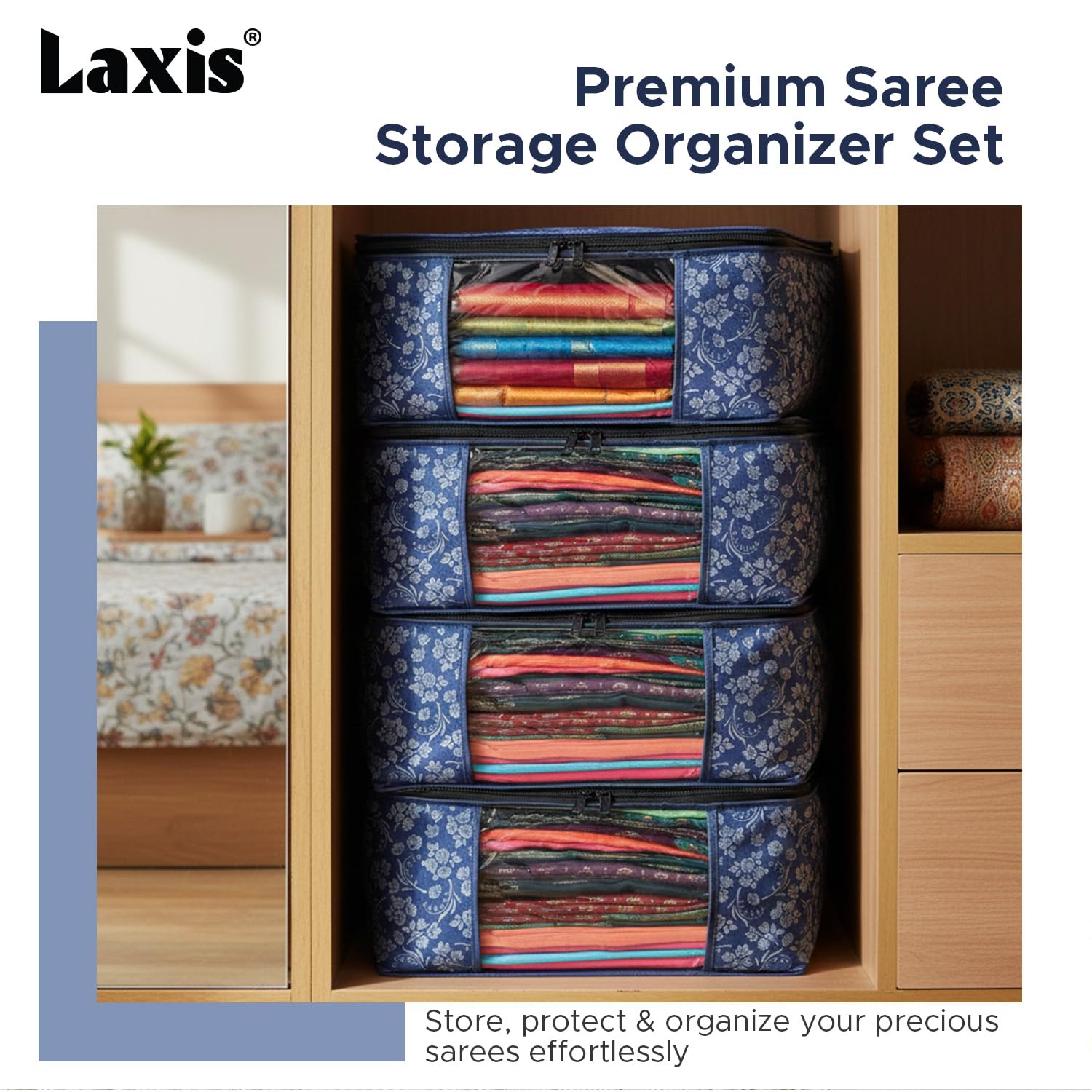 LAXIS® Saree Covers With Zip Non-Woven Printed Saree Cover/Saree Organizer For Wardrobe/Cloth Storage With Transparent Window/Saree Bags Storage/Clothes Organizer (Blue- Pack of 6) 2