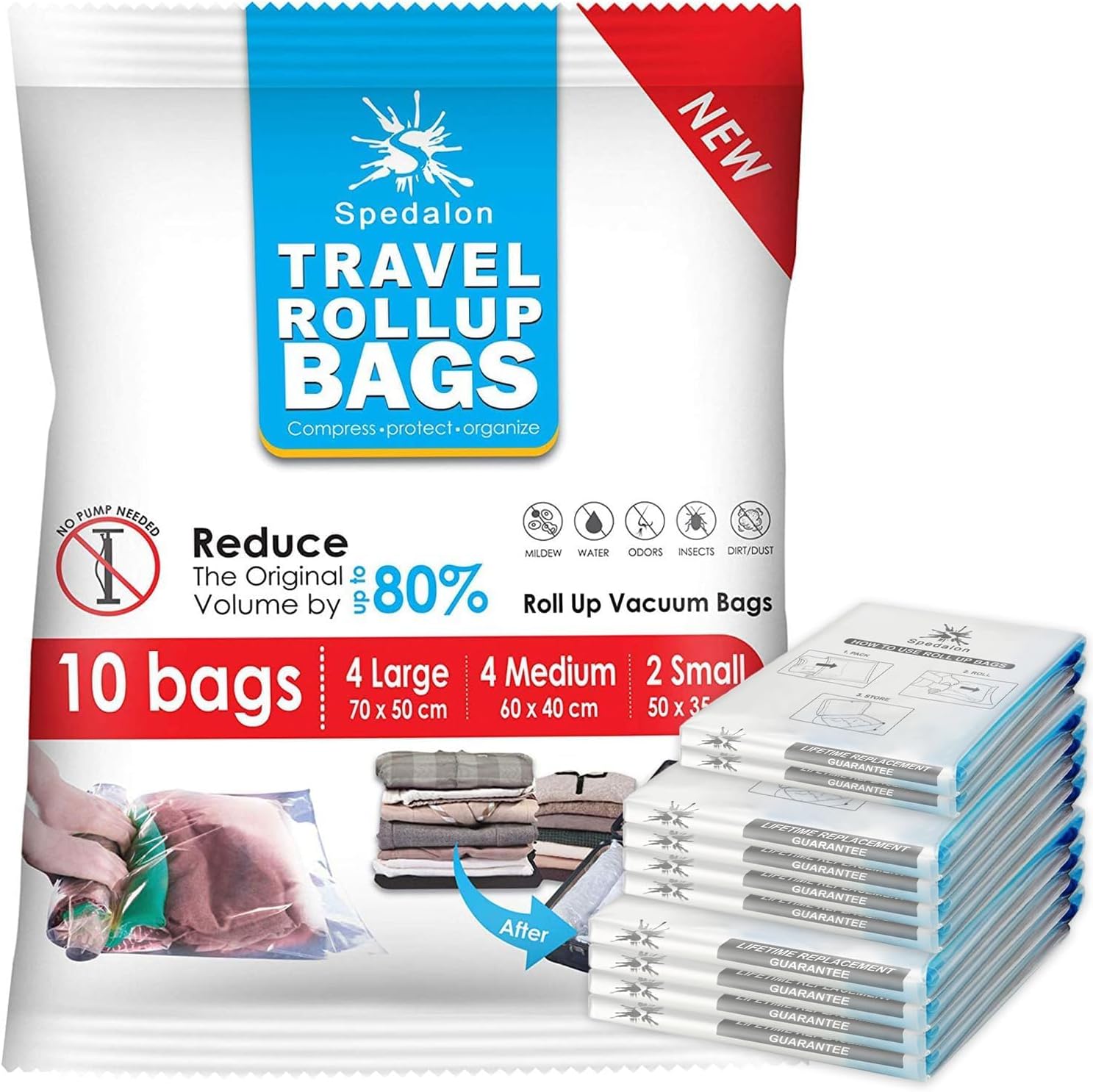 Travel Roll Up Compression Bags For Travelling - Pack of 10 (Small to Large) - Double Zipper, Reusable Bags for Home Storage and Packing Organization - No Vacuum Pump Needed