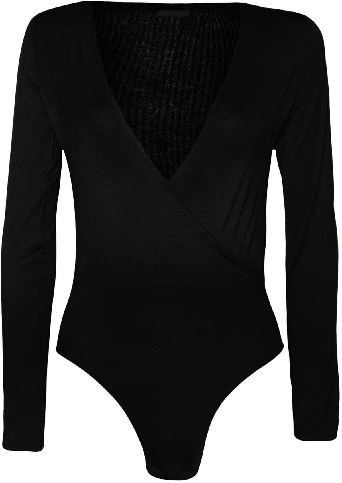 GirlzWalk ® Ladies Women Plain Wrap Over Plunge Long Sleeve Leotard Bodysuit Top Black