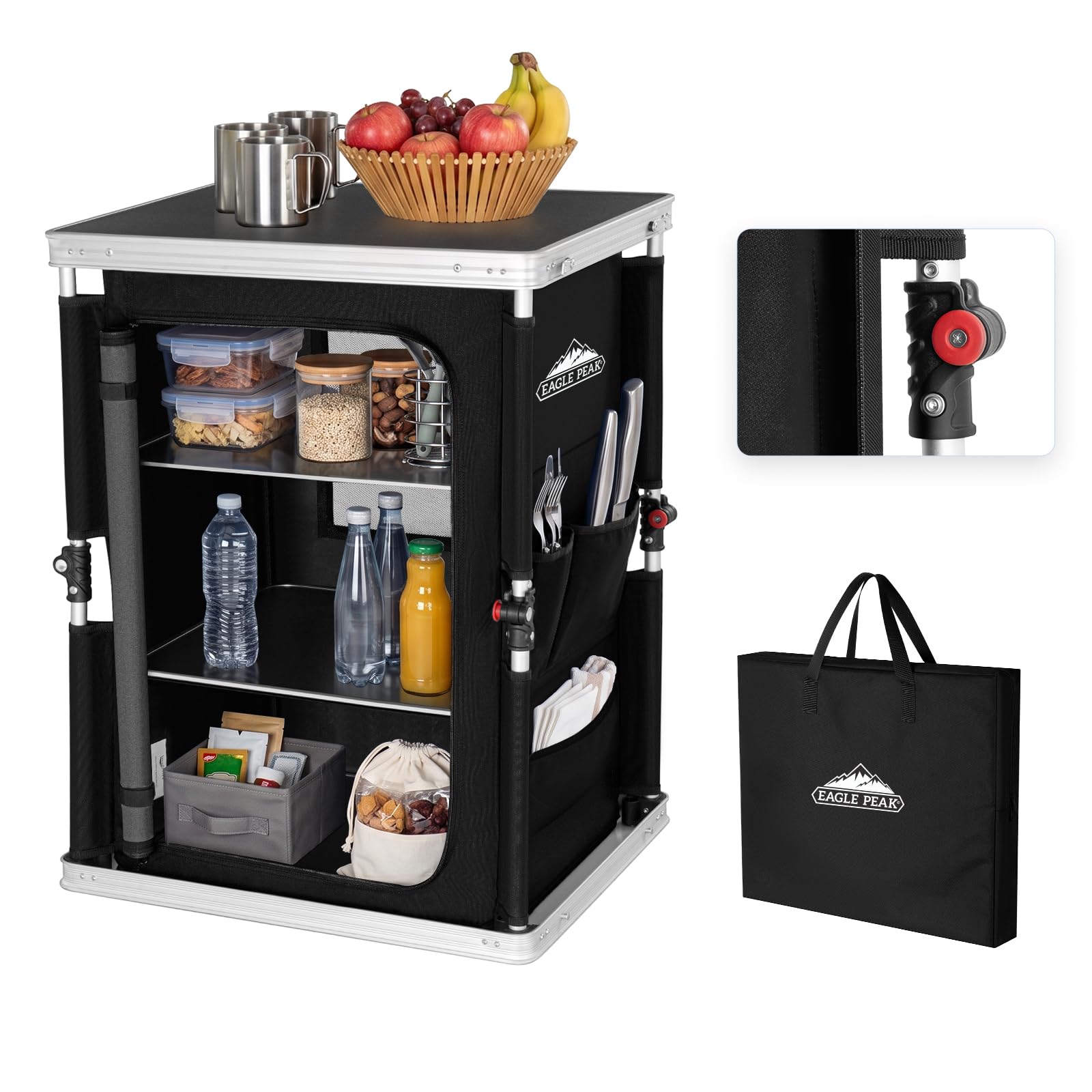 EAGLE PEAK Mesa plegable desplegable para acampar al aire libre con organizador de almacenamiento grande de 3 niveles y bolsillos laterales, cocina portátil de aluminio fácil de instalar, color negro
