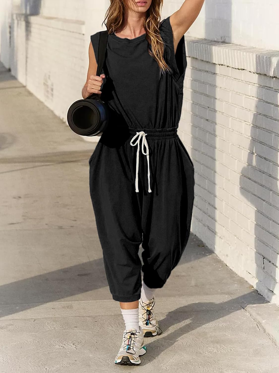 Womens Backless Athletic Romper Sleeveless Loose Wide Leg Workout Jumpsuit with Pockets for Yoga Gym Casual - Image 2