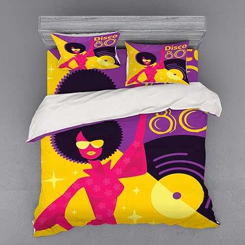 Lunarable Retro Duvet Cover Set, Eighties Poster with Dancing Woman with Afro Hair Disco Record on Backdrop, 4 Piece Bedding Set with Shams and