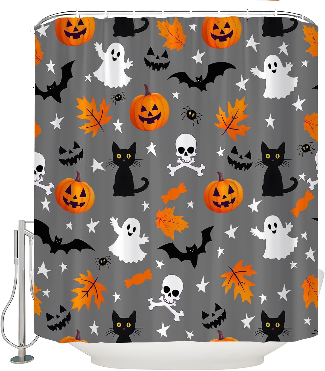 Halloween Shower Curtain Cute Cartoon Ghost Spooky Pumpkin Gothic Cat Funny Skull Map Leaf Spider Horror Bat Skeleton Bath Curtain with Hooks