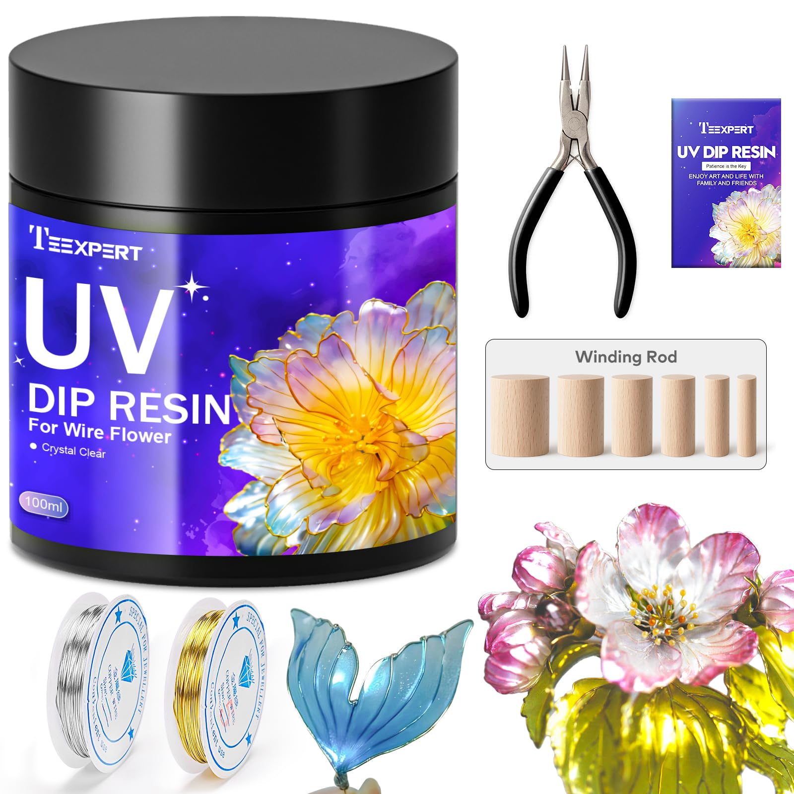 Teexpert UV Dip Resin for Wire Flowers Kit, 100g Crystal Clear UV Resin Starter Kit with 6 Winding Rods, Pliers, 2Pcs 31FT Wires for Jewelry Making, Fast Cure Thick Glue for DIY Flower Decoration