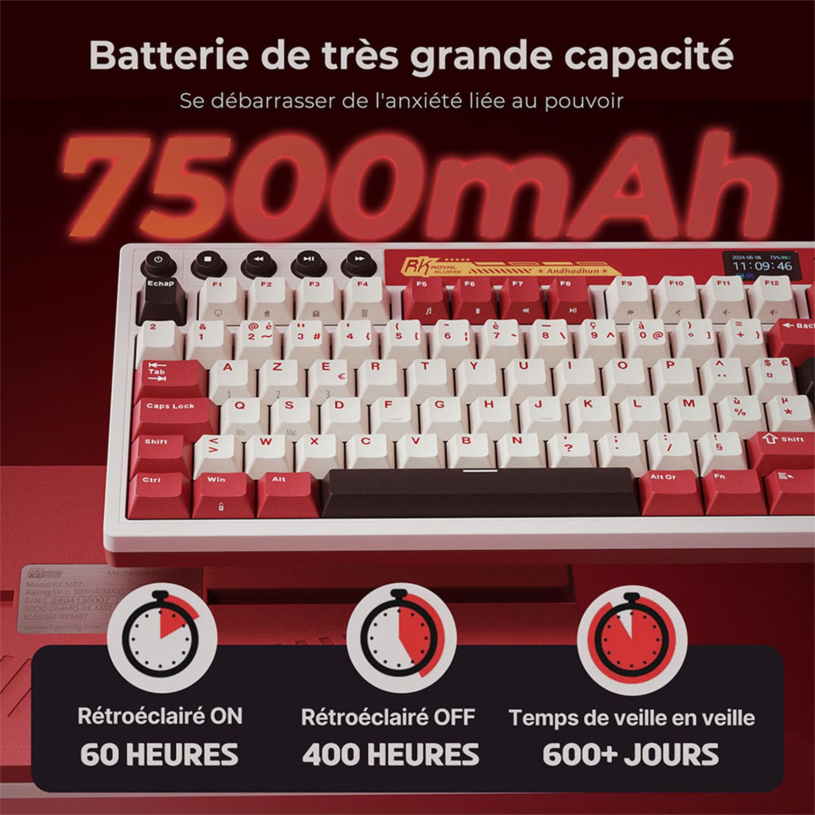 RK ROYAL KLUDGE M87 Clavier Mécanique AZERTY, 75% Gasket Clavier Sans Fil Gamer Tir-Mode, avec intelligen écran and Deux boutons, RVB Backlit, Clavier TKL Hot-swap, batterie 7500mAh, Cream Switch
