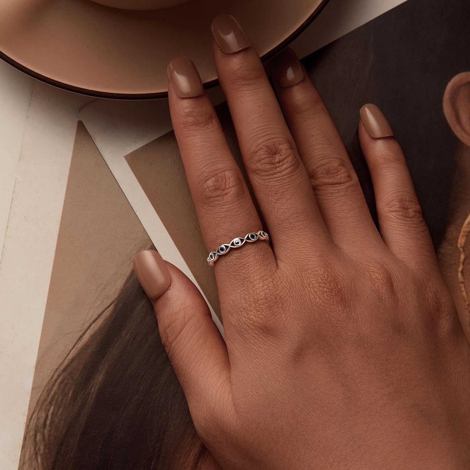 Anillo de Plata de Ley 925 de 0.118 in Retro Mal de Ojo Vid apilable Anillos de eternidad Boda para Mujer (Azul, 6)