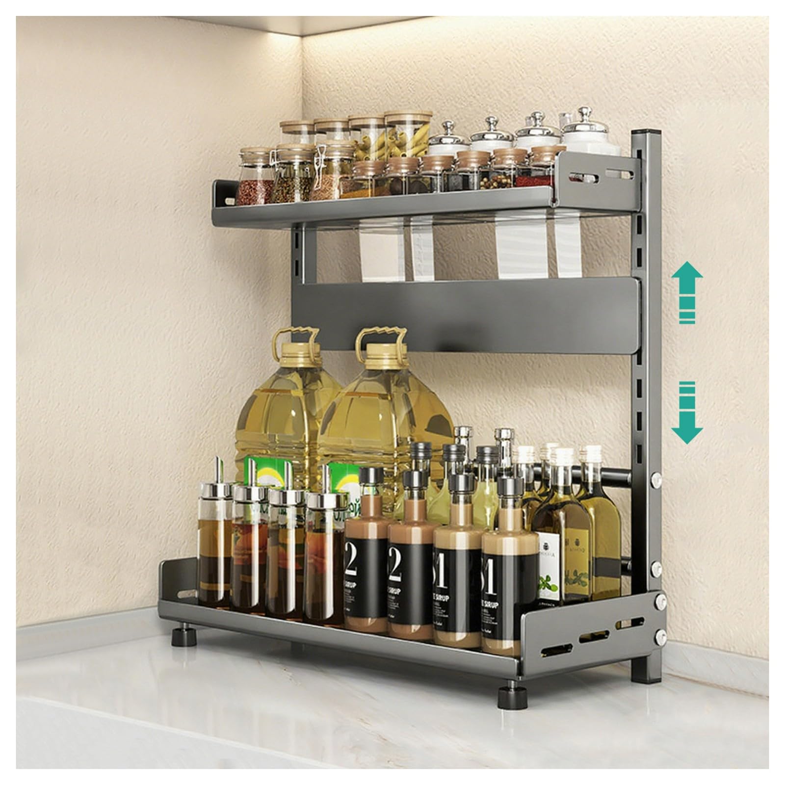 HADECOLL 3-Tier Adjustable Spice Rack, Height-Adjustable Metal Kitchen Organizer With Knife Slot, Rustproof Storage For Countertop And Cabinet,Grey-2 Tier-40cm