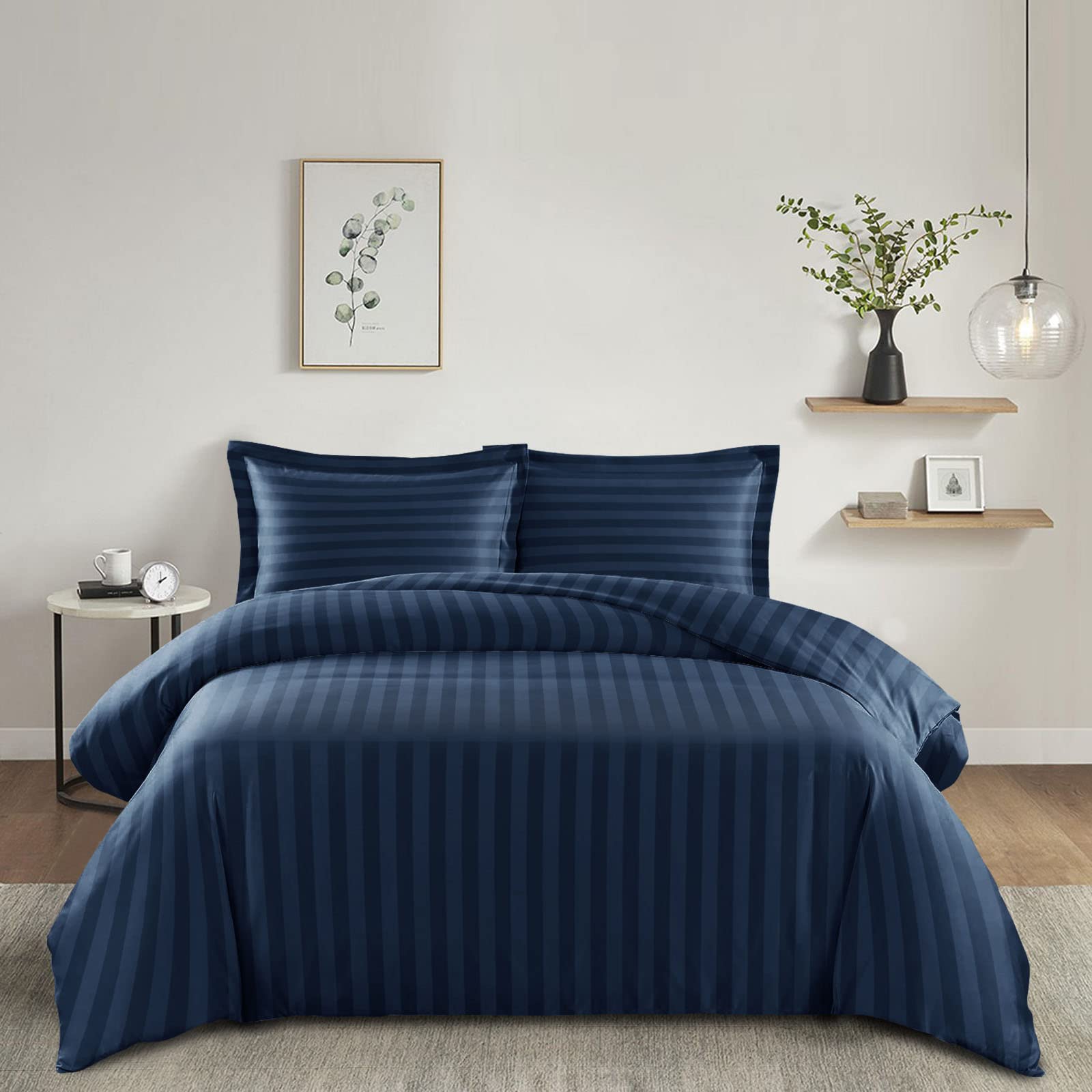 Imperial Rooms Double Duvet Set Reversible Stripes Satin Bedding Set including Pillowcases Breathable Microfiber Duvet Cover (Navy 200x200 Cm) - Image 2
