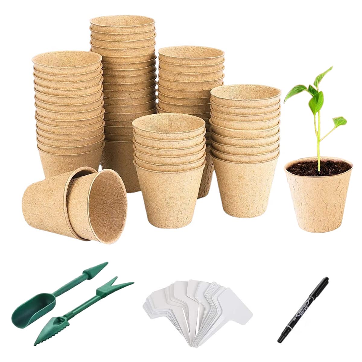 BIPY 50Pcs 8cm Round Biodegradable Fibre Seed Pots for Seedling with 50 Pcs Plastic Labels Pen A little Dibber and Fork for Growing Plants Vegetables Fruit Flowers Gardens