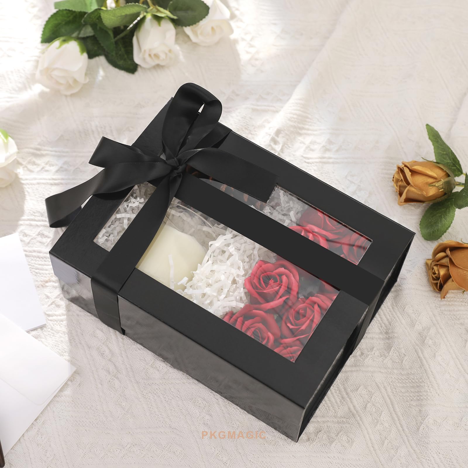 PKGMAGIC 5 scatole regalo nere con finestra, 22,8 x 16,5 x 9,6 cm, scatole regalo chiare per il presente, scatole di proposta Groomsman, scatole regalo con coperchio magnetico