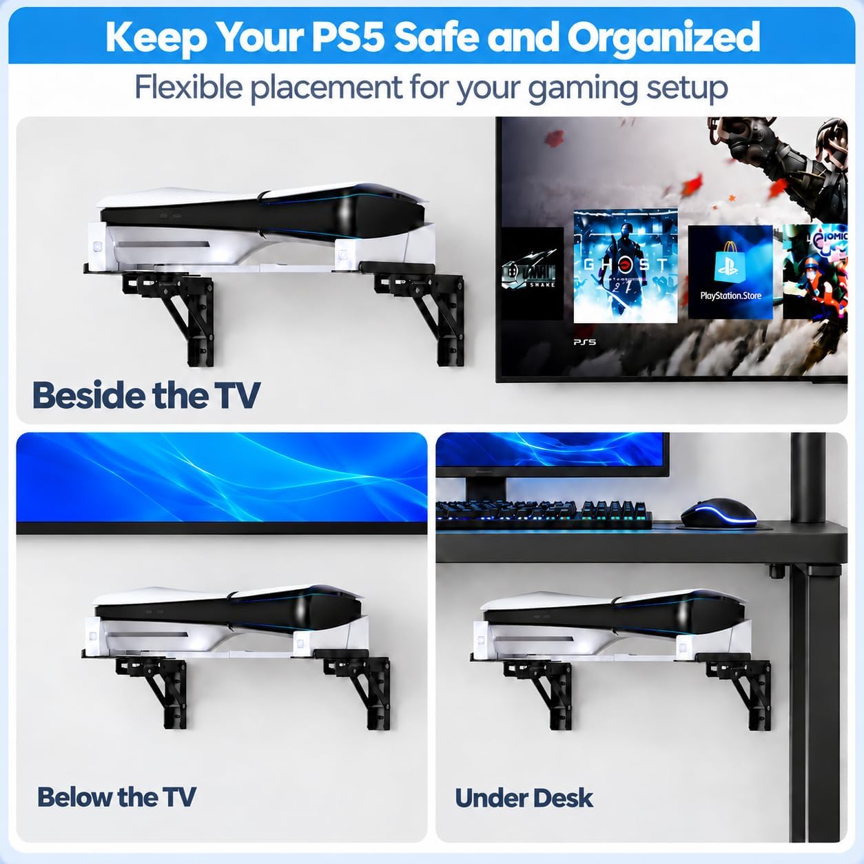 PS5/Slim/Pro Horizontal Wall Mount Kit, Stable PS5 Holder with Detechable Side Stand for Disc & Digital Console, Wall Shelf with Upgraded Support Rods & Scalable Design