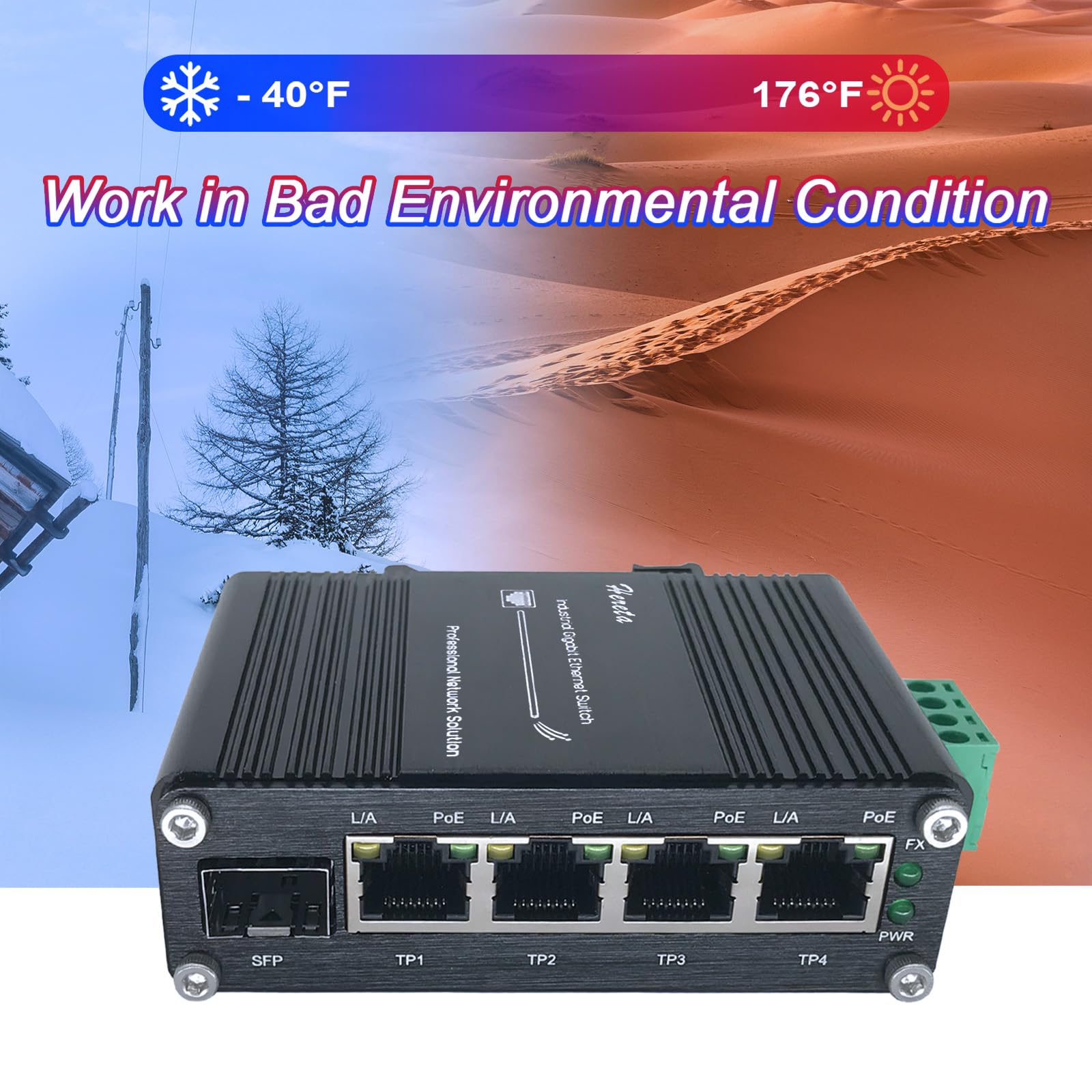 Hartowany przemysłowy gigabitowy przełącznik PoE+ mini kompaktowy przełącznik Ethernet PoE+ 4 porty 120 W PoE+ wtryskiwacz 10/100/1000Base-T i 1 port 100/1000Base-X Dual Rate SFP 12~48 VDC szeroki zakres wejścia zasilania