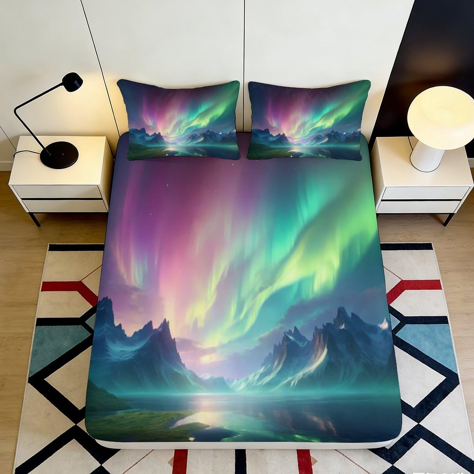 Aurora themed 3D Printed Fitted Sheet, Microfiber soft touch, bedroom decor, wrinkle resistant, guest room bedding, durable and easy care 90x200x25cm