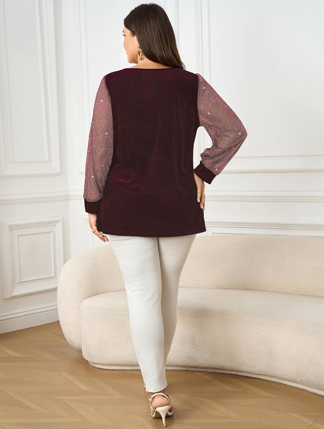 SCOMCHIC Women's Plus Size Blouses Long Sleeve V Neck Sparkly Sequin Velvet Top Dressy Casual Loose Shirts Party Tops - Image 5