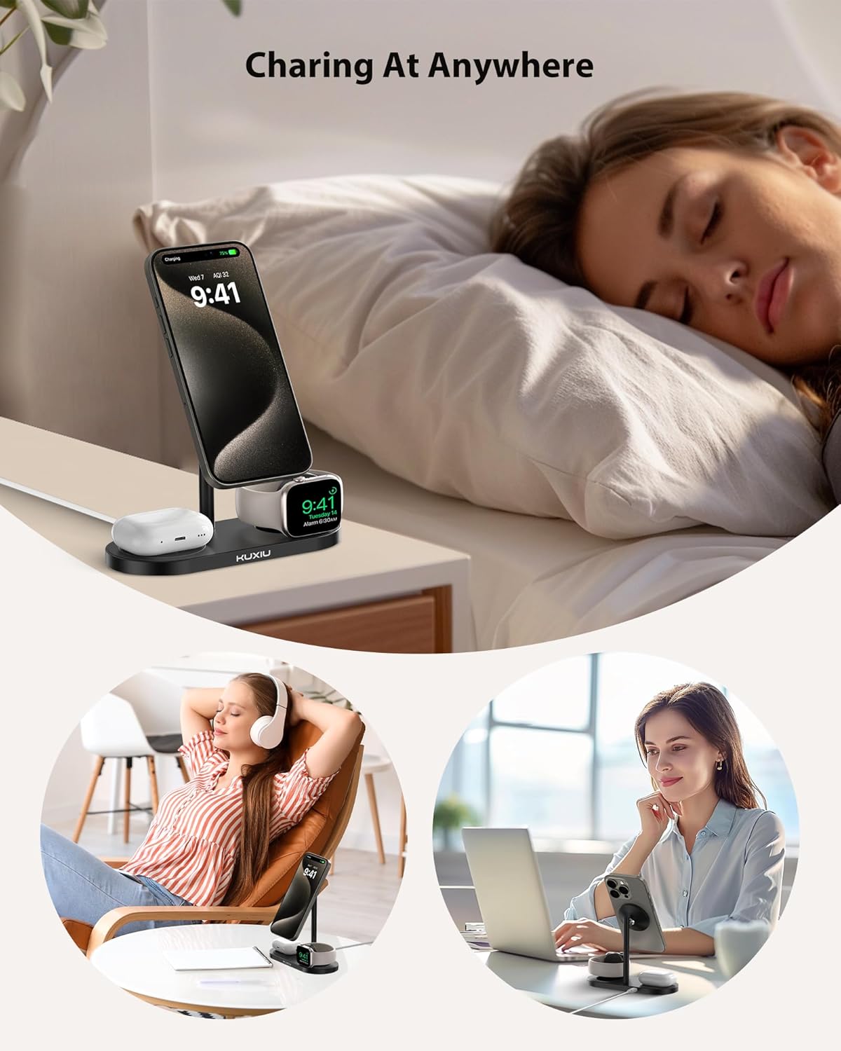 KU XIU Aluminum Alloy 3 in 1 Charging Station for Apple, Magnetic Wireless Charger Stand for iPhone 16/15/14/13/12 Series, 5W Fast Wireless Travel Charger for Apple Watch 9/8/7/SE Series, Airpods