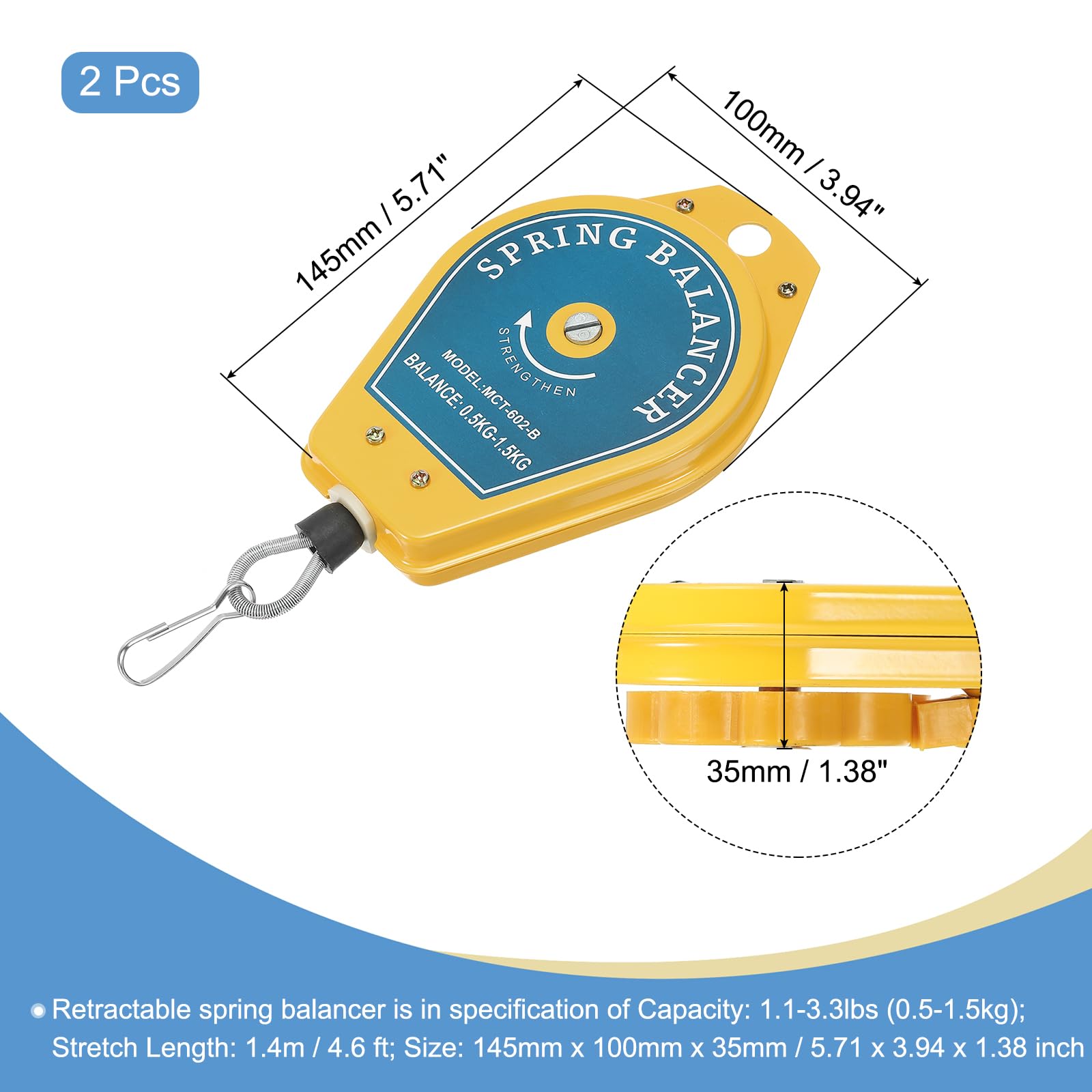 QUARKZMAN Retrattile Molla Bilanciatore 1,1-3,3 Libbre (0,5-1,5 Kg) Attrezzo Supporto Appeso Attrezzatura con Raccordo Accessorio per Linei Assemblaggio Blu 2pz