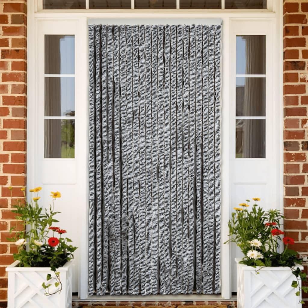 Zasłona na owady, szaro-czarno-biała, 100 x 230 cm, szenil, siatka na drzwi, moskitiera na drzwi, zasłona do użytku wewnątrz i na zewnątrz, do ochrony przed muchami, owadami, osami