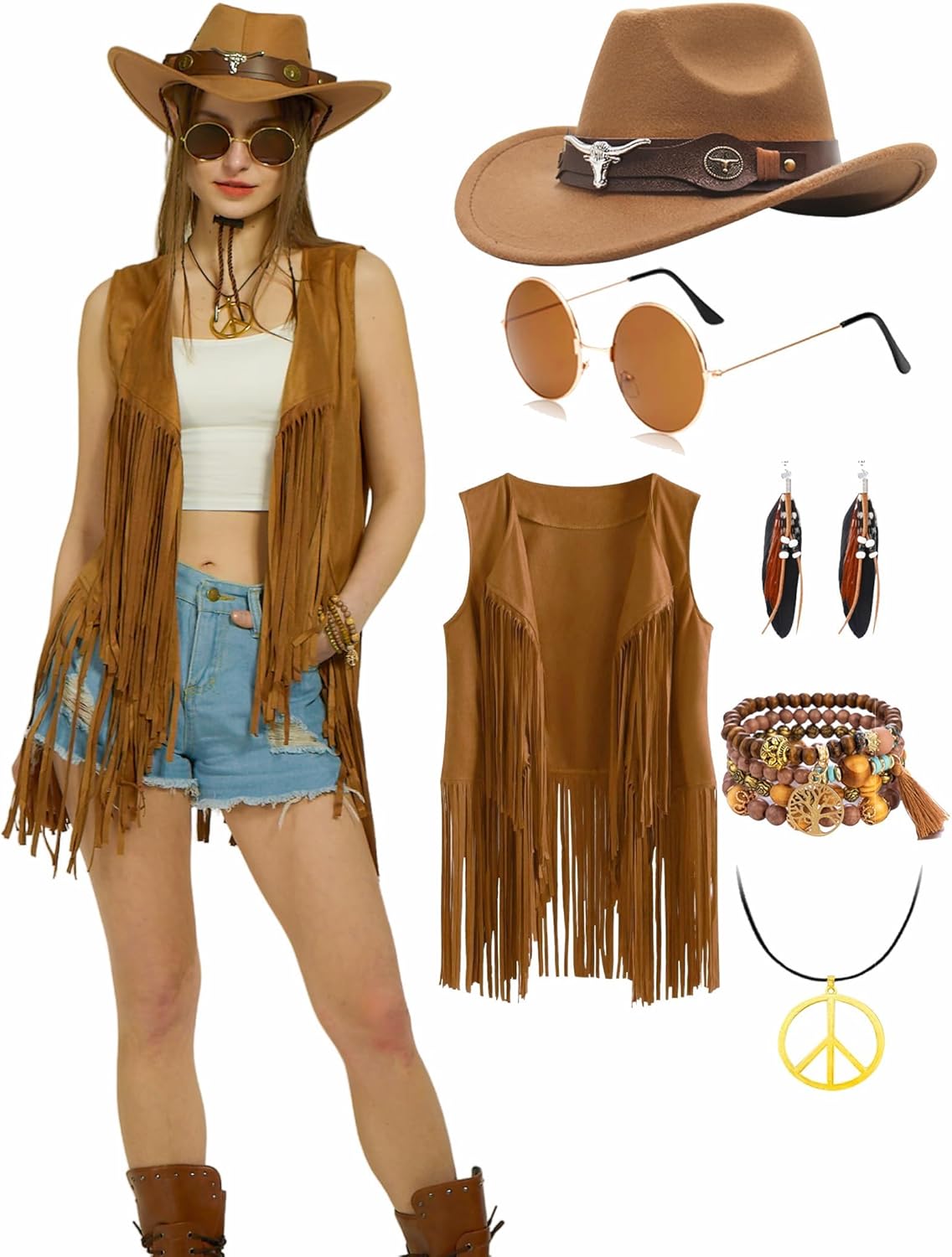 6 PC Cowgirl Western Outfits Women Retro Fringe Vest Hat