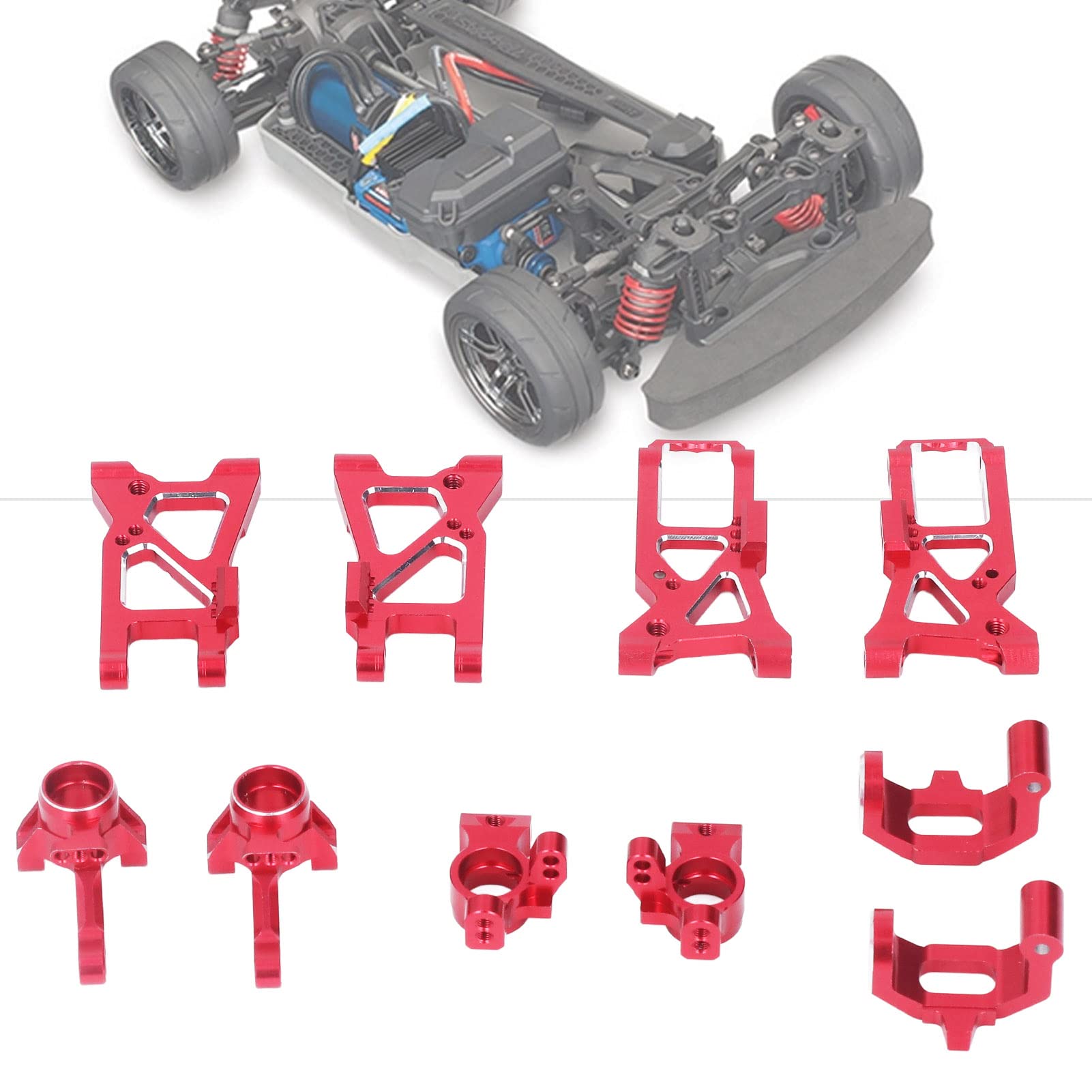 Zestaw do modernizacji samochodu RC Stop aluminium Wysokowydajne części obrabiane CNC do Traxxas 4 Tec C8 1/10 Płaski samochód sportowy Lekki Trwały Łatwa instalacja (Czerwony)