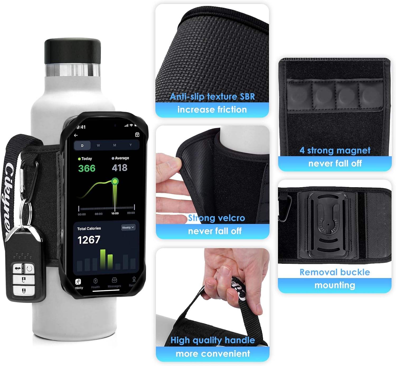 Cikyner Magnetic Water Bottle Strap with Handle, Water Bottle Holder for Mobile Phone 360° Rotatable & Removable Water Bottle Pouch Gym Water Bottle Accessory for 4.5-7'' Phone & 18-40oz Water Bottles - Image 4