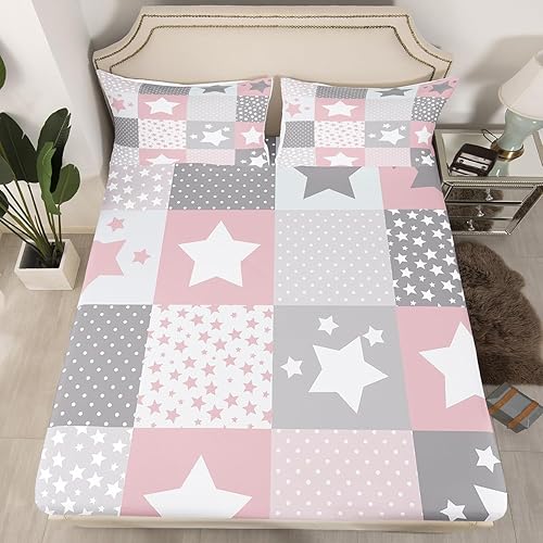 Miniatura 5 de Sábana bajera ajustable con patrón de estrellas, tamaño matrimonial, colección de cuadrícula rosa y gris, tema de cielo estrellado, ropa de cama de