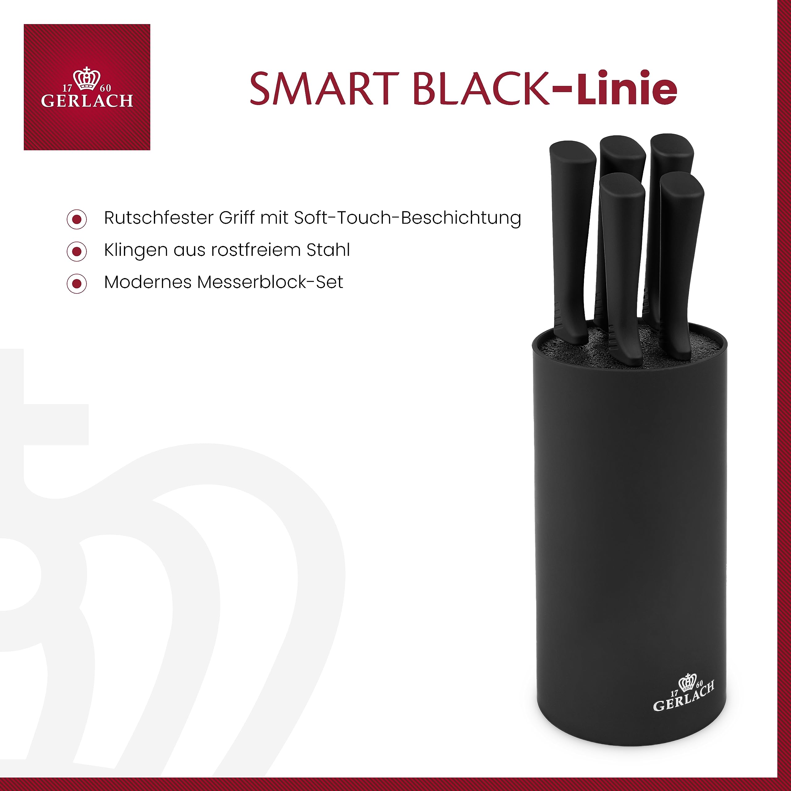Gerlach Smart Black Messerblock Messerset Küchenmesserset 5 Messer aus Edelstahl Küchenmesser im Block Santoku Gemüsemesser Küche Küchenutensilien Küchenzubehör
