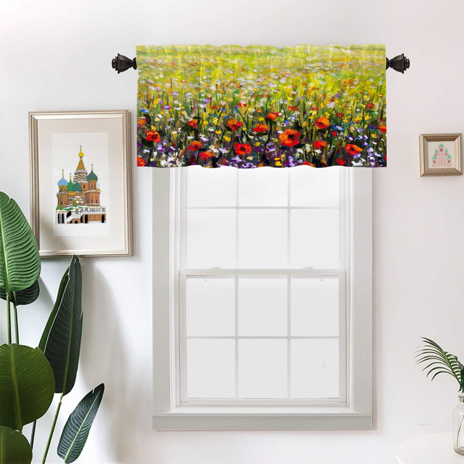 Batmerry Flowers Red Landscape Kitchen Valances Half Window Curtain, Claude Monet The Artists Garden Painting Kitchen Valances for Bedroom Heat Insulated for Decor Reducing The Light 52x18 Inch