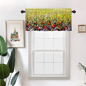 Batmerry Flowers Red Landscape Kitchen Valances Half Window Curtain, Claude Monet The Artists Garden Painting Kitchen Valances for Bedroom Heat Insulated for Decor Reducing The Light 52x18 Inch