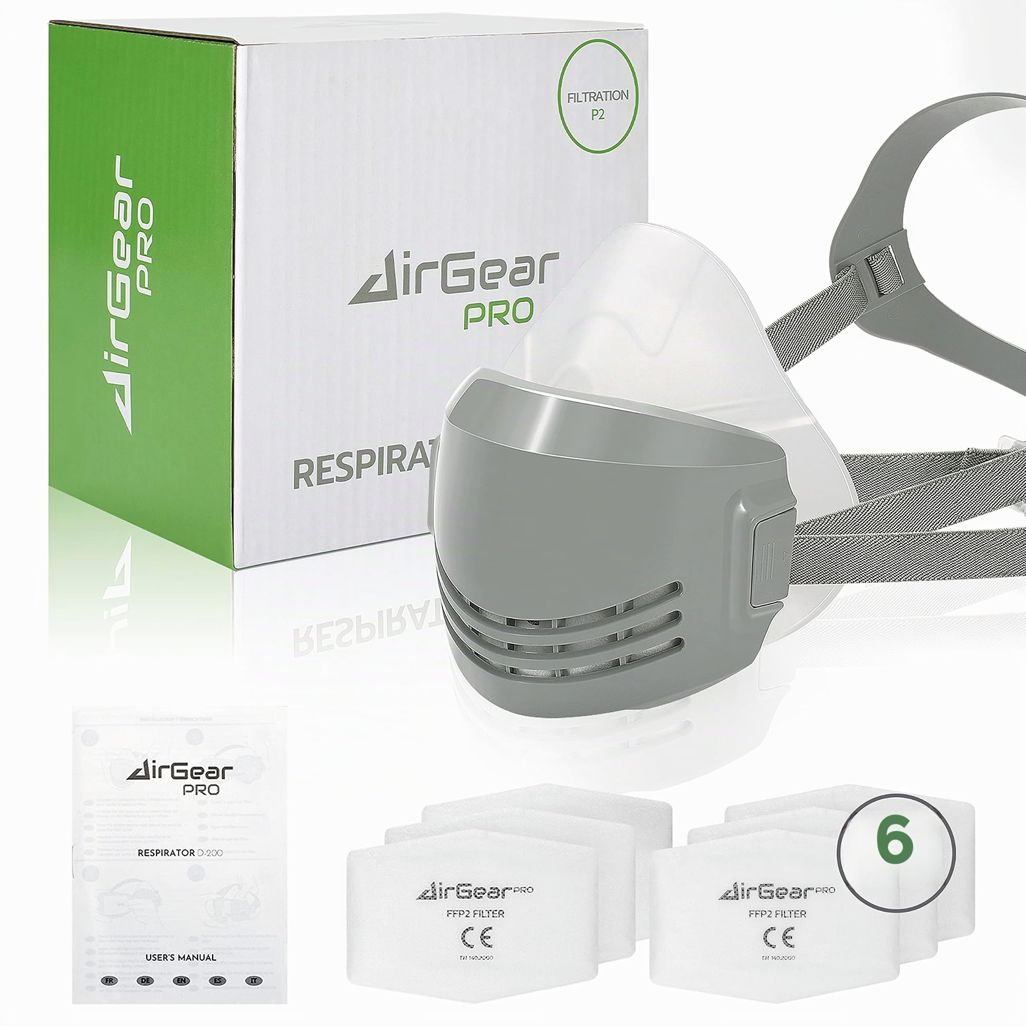 AirGearPro D-200 Masque de Protection Respiratoire Réutilisable, Anti poussière avec Filtres pour Peinture, Travaux, Bricolage, Ponçage