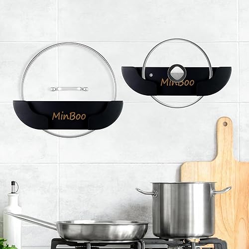 Miniatura 3 de MinBoo Organizador de tapa de olla de bambú para puerta de armario para pared de cocina, juego de 2 soportes para tapas de ollas y sartenes en el