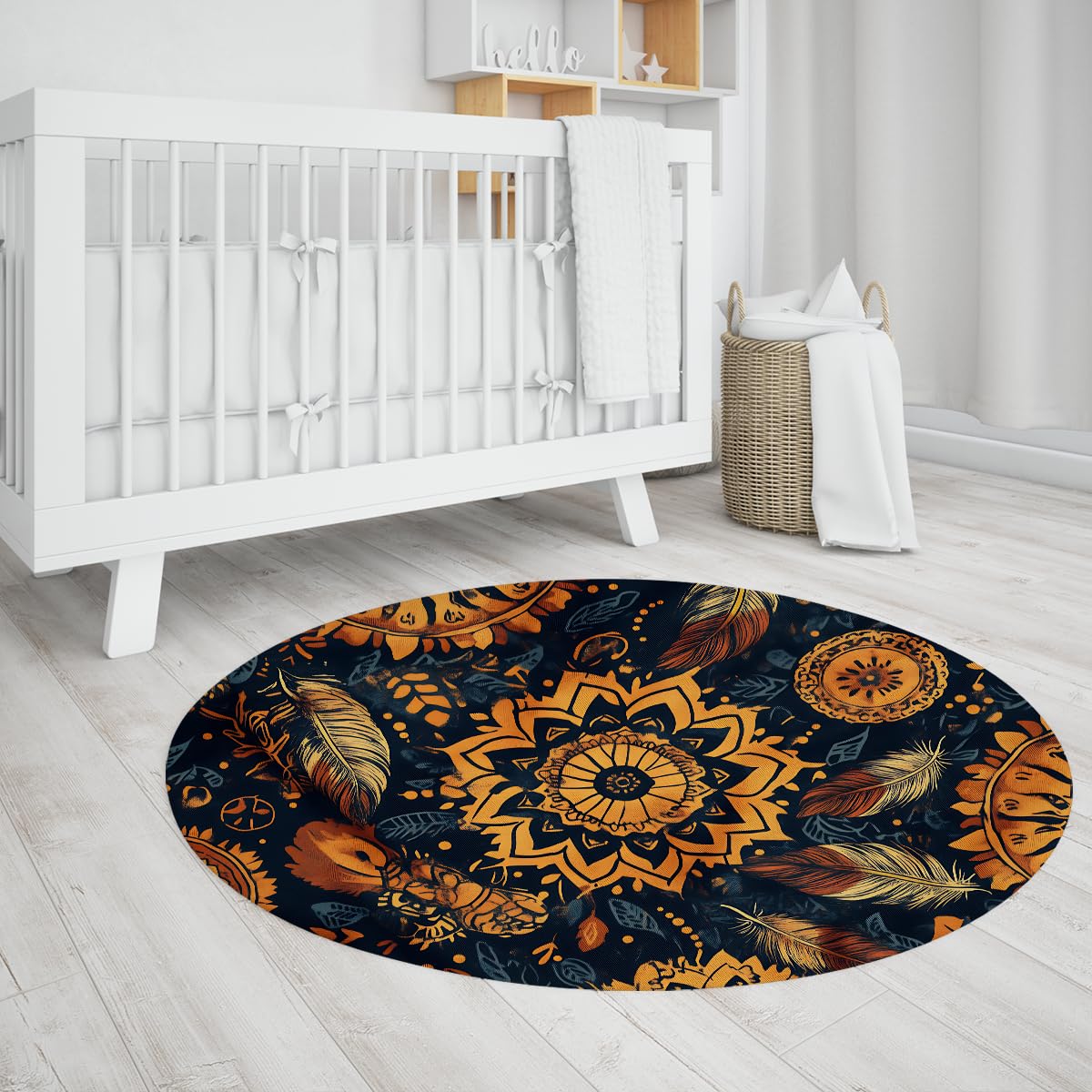 Waschbarer runder Teppich Vintage Ethnic Tribal Blumenfedermuster Kreis Teppiche für Schlafzimmer Weicher Rutschfester Boho-Teppich für Wohnzimmer 80cm