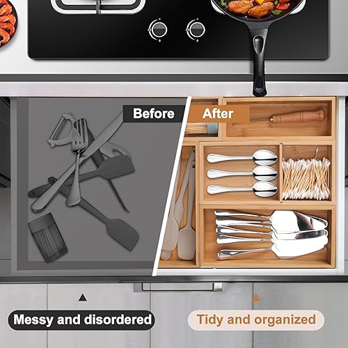 Miniatura 4 de Organizador de cajones de bambú, 5 piezas para cocina, divisores de almacenamiento multiusos para cocina, oficina, joyas, cosméticos, separadores de