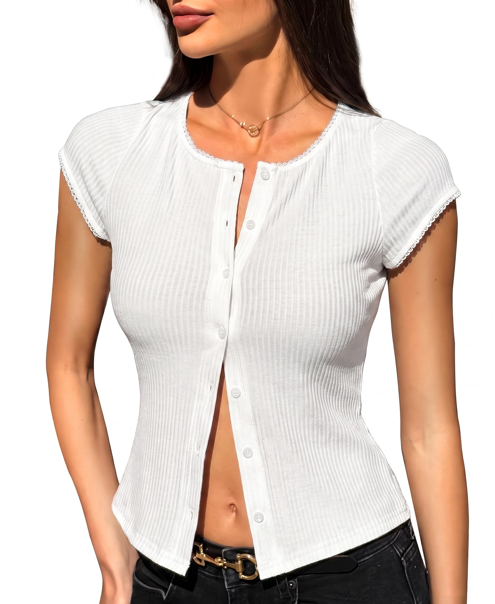 ADORPOP Tshirt Damen Sommer - Bluse Kurzarm Elegant Rundhals Knopfleisten