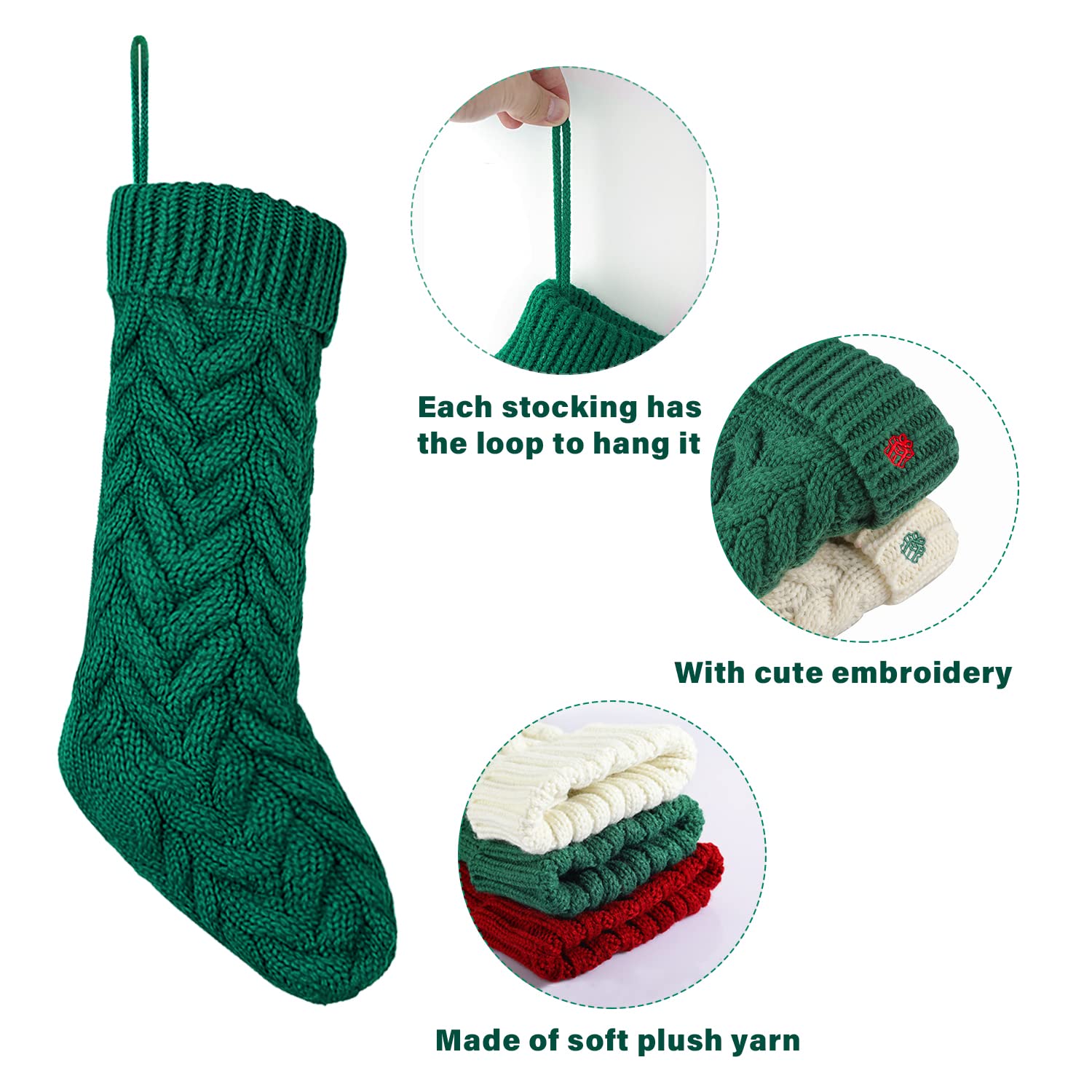'LIBWYS Knit Christmas Stockings, 18'' Large Cable Xmas Stockings Classic Burgundy Red & Ivory White Chunky Hand Stockings'