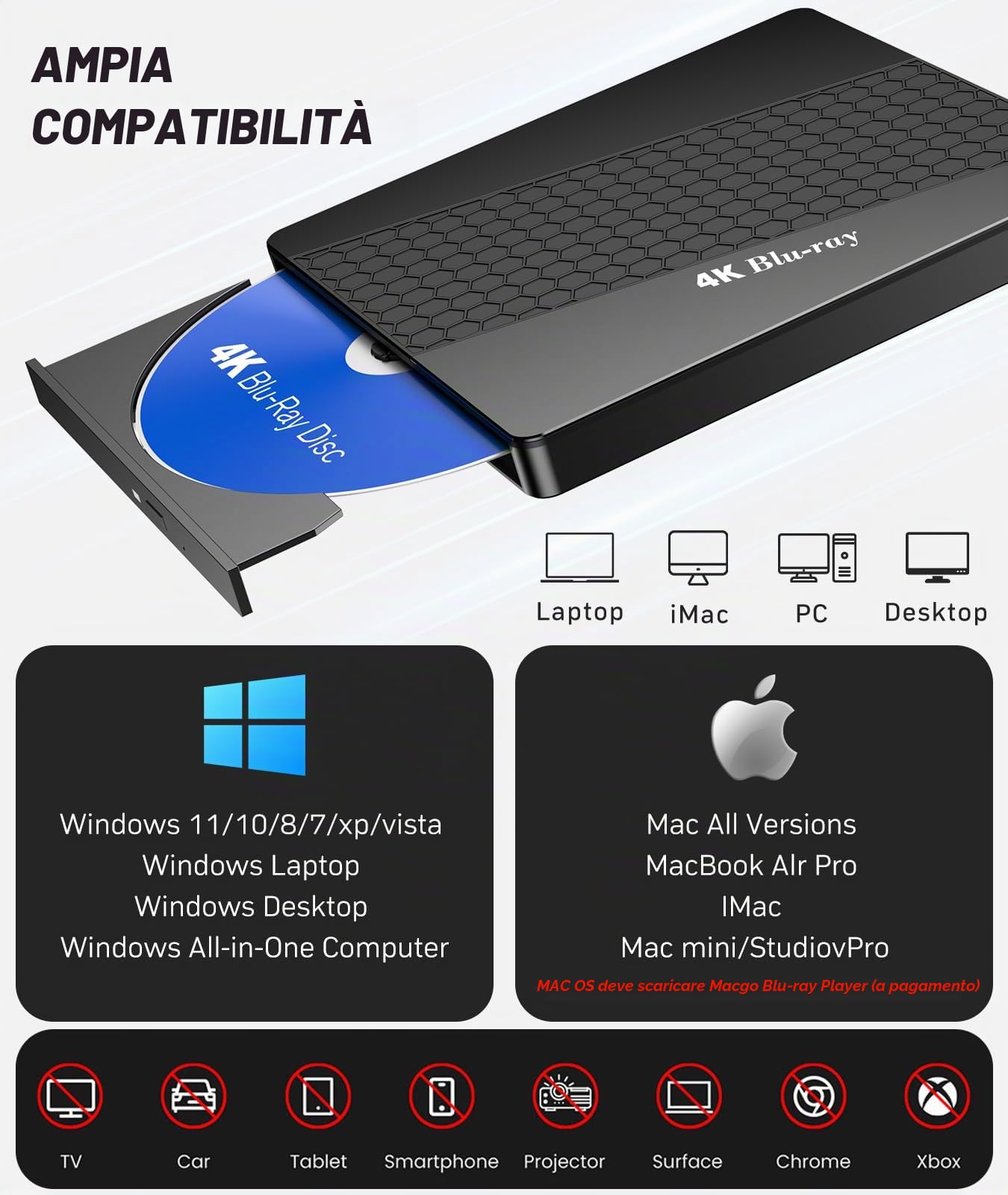 Unità Blu-ray esterna 4k per pc, lettore Blu Ray UHD portatile 4K, porta SD/TF con custodia per il trasporto, lettore Blu-Ray HD US8 3.0, unità ottica esterna DVD+/-RW per MacBook Pro Windows