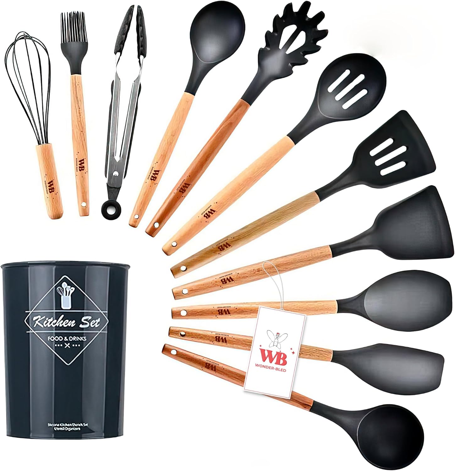 WONDER-BLED 11Pcs Silicone Kitchen Cooking Utensils Set, Heat-Resistant Wooden Utensils/Premium Handles for Cooking & Baking, Non-Stick Kitchen Gadgets Cookware Kit for Gift and Daily Use – Gray