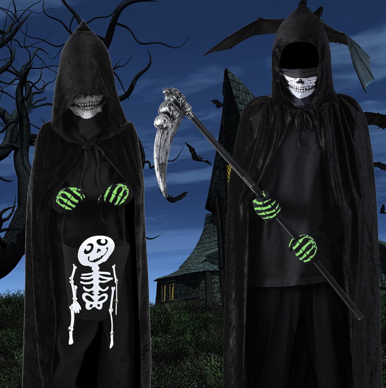 Halloween Grim Reaper Costumes Scary Adults Black Hooded Cloak Scythe Skull Mask Skeleton Gloves Candy Bags - Image 7