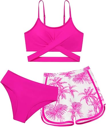 Girls 3 Piece Bikini Set Cross Strap Swimsuits for Girls Bathing Suit with Shorts Teen Swimwear Swimming Suit