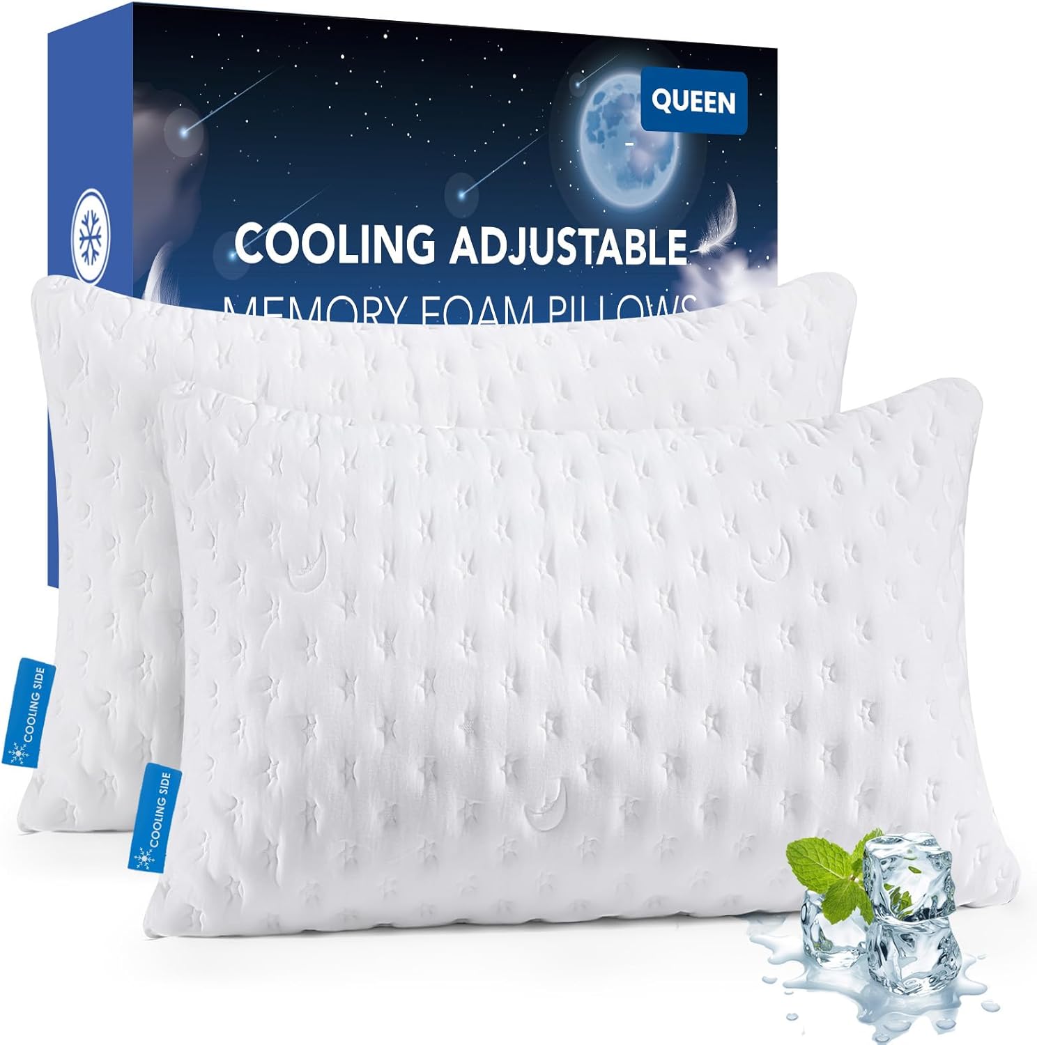 Cooling Side Sleeper Pillow for Neck and Shoulder Pain, Luxury Shredded Memory Foam Pillows for Sleeping, Firm Bed Pillows Queen Size Set of 2- Adjustable Queen Size- Washable Cover Original White Queen Size (2 pack) Original White