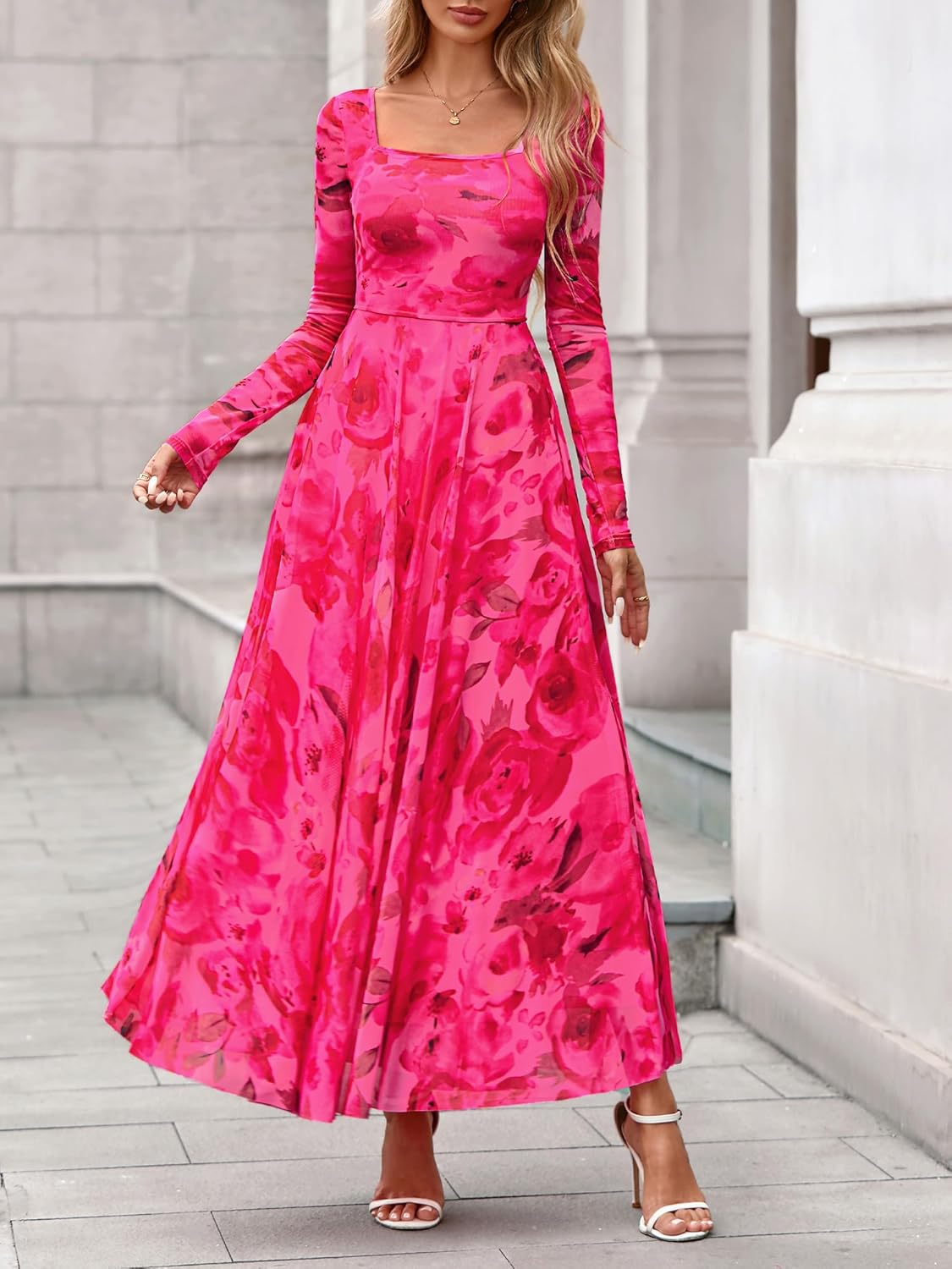 BTFBM Women Maxi Dress Fall 2026 Fashion Elegant Long Sleeve Square Neck Floral Print Party Club Wedding Guest Dresses - Image 4