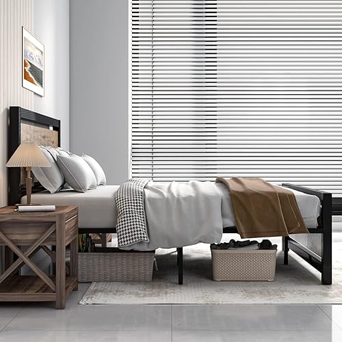 Miniatura 4 de Base de cama Queen con cabecera de madera marco de cama tamaño Queen con base de listones de acero resistente marco de cama Queen de metal no