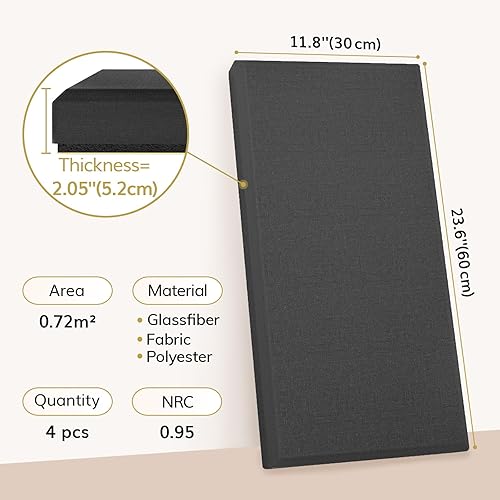 Miniatura 2 de TONOR 4 paneles acústicos grandes, 23.6 x 11.8 x 2.05 pulgadas, panel de fibra de vidrio 3D a prueba de sonido con autoadhesivo, panel de pared