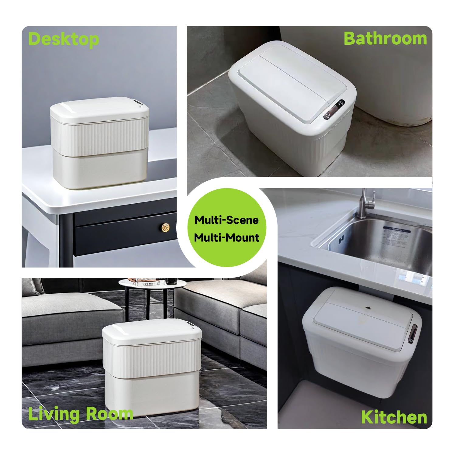 Sensor Hanging Trash Can with Lid 2.5 Gallon,Motion Sensor Garbage Can, Bathroom Trash Cans,Smart Trash Bin,Mountable/Desk for Kitchen Compost Bin,Liveroom,Office,White