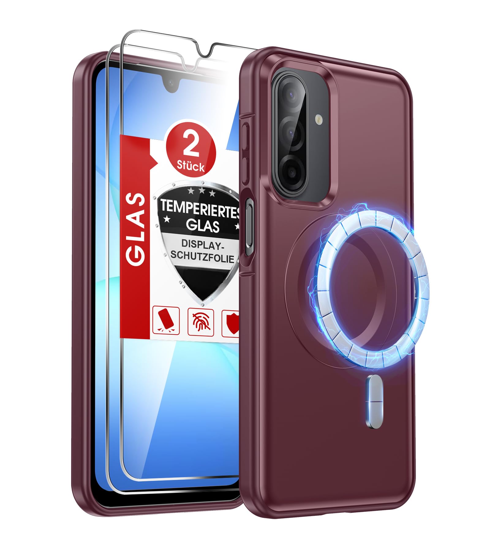 LeYi Hülle für Samsung Galaxy A17 5G/A 16/A26 für Magsafe mit 2 Panzerglas Schutzfolie，Handyhülle Stoßfest PC+TPU Schutzhülle Kratzfest Magnetisch Rückseite Dünn Cover A 17/A 16 Case,Rot